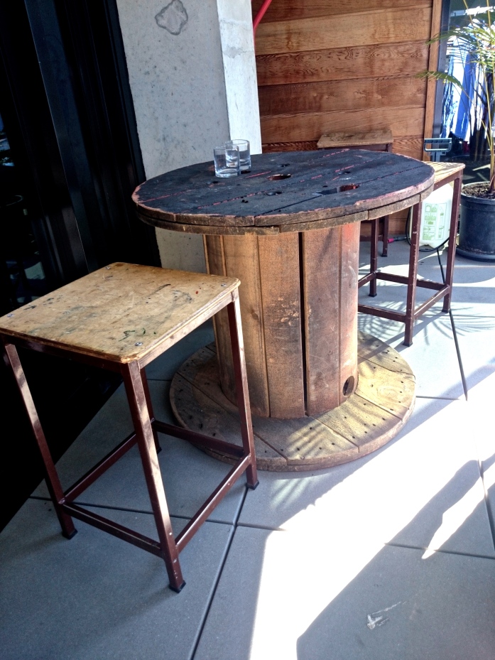 Wooden cable reel and school stools